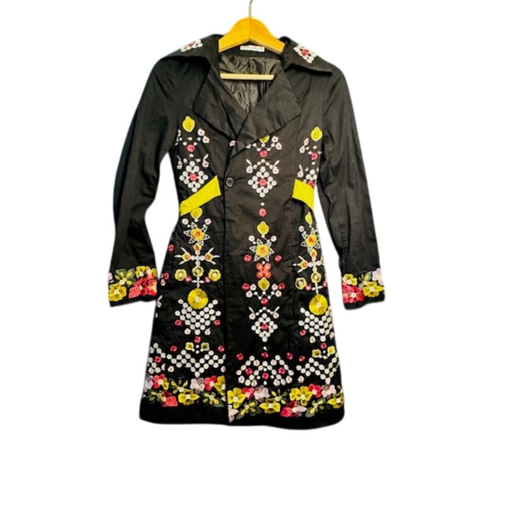 The Bay Flower Womens Embroidered Long Coat Sz 36 Black Floral Small